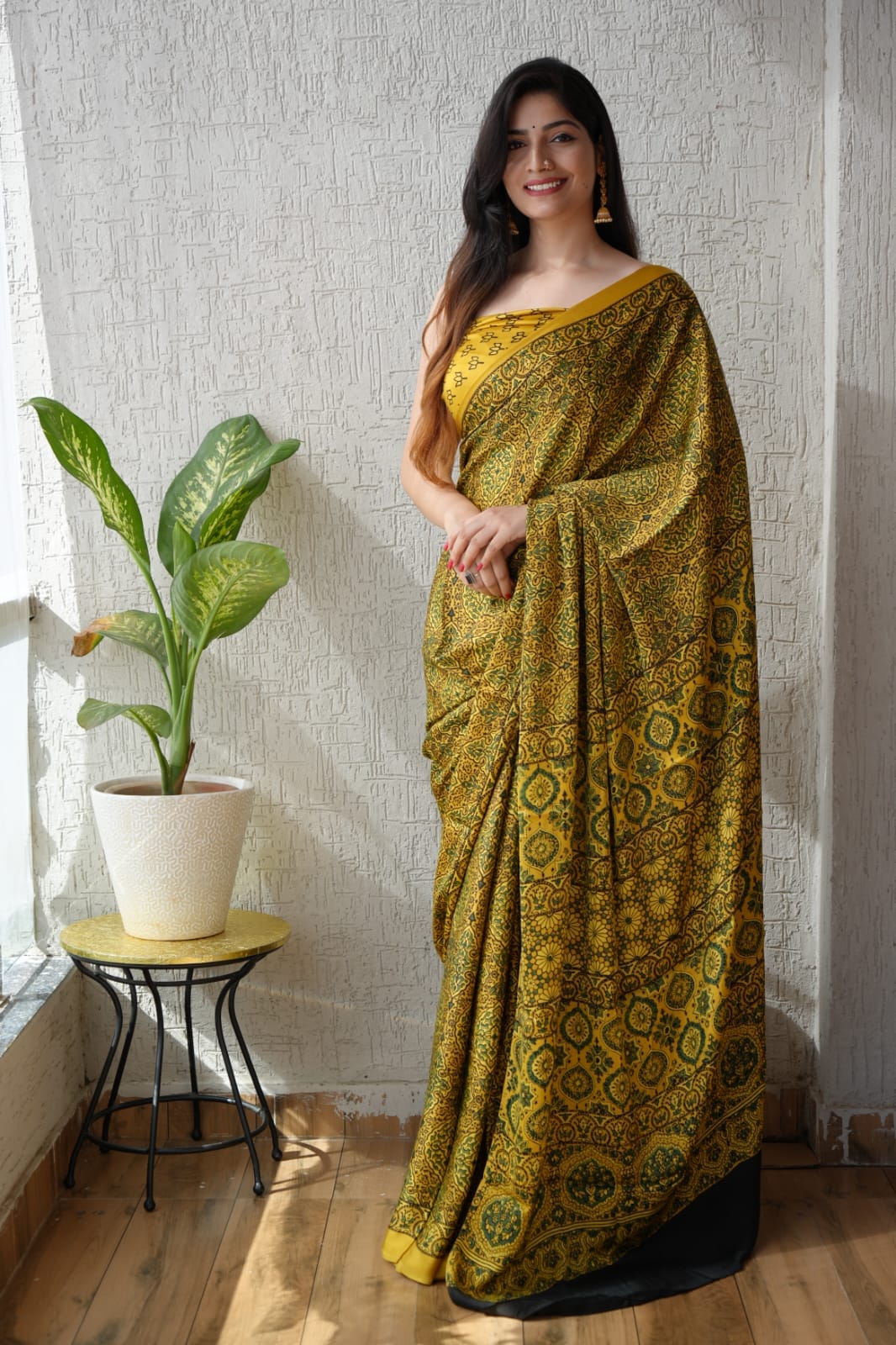 Mustard Ajrakh Handblock Printed Modal Silk Saree with All-Over Jaal Design – Natural Dye Traditional Textile